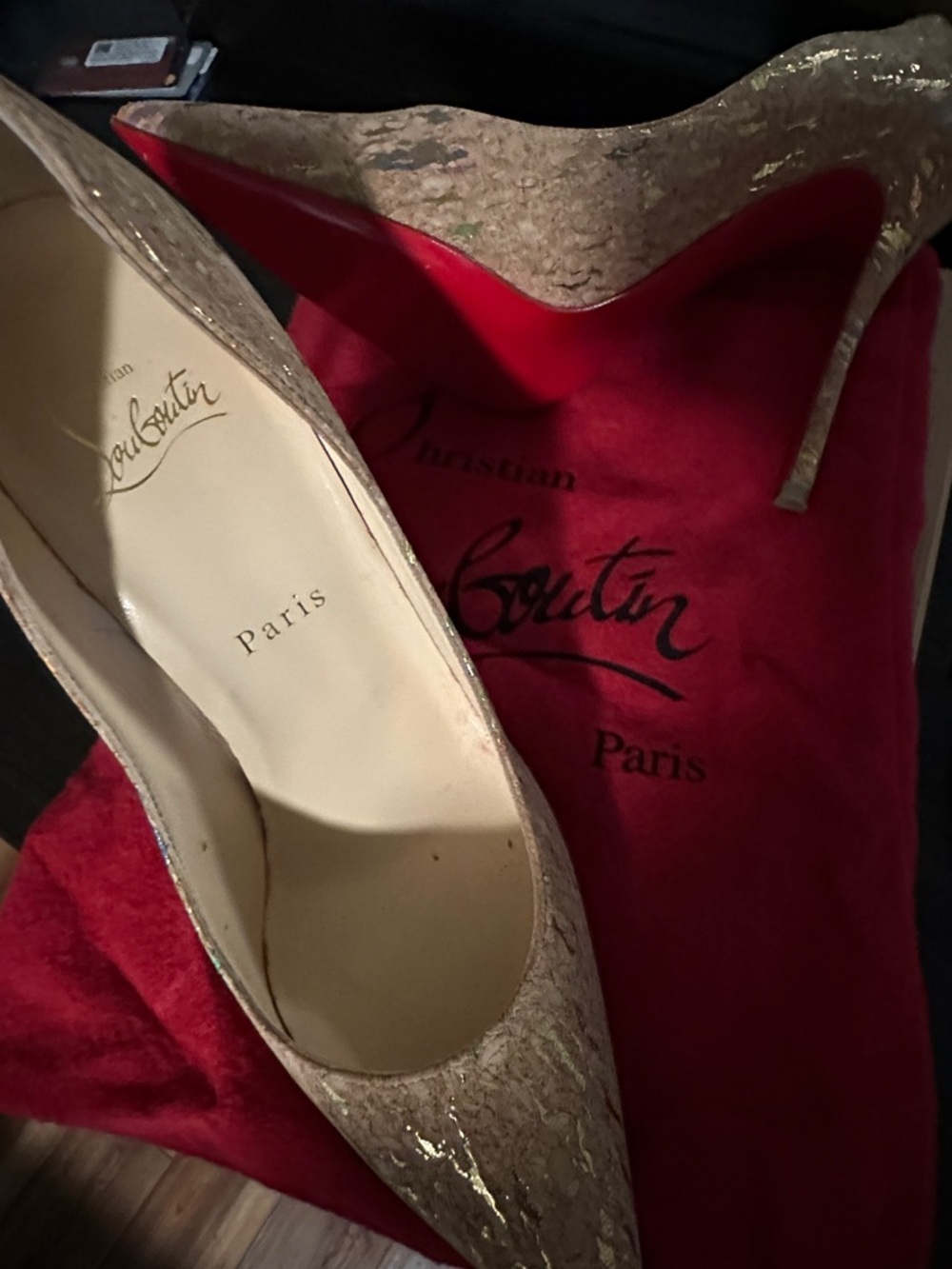 Christian Louboutin Nude Patent Pointed Toe Stiletto with Gold Fleck - Picture 8 of 8